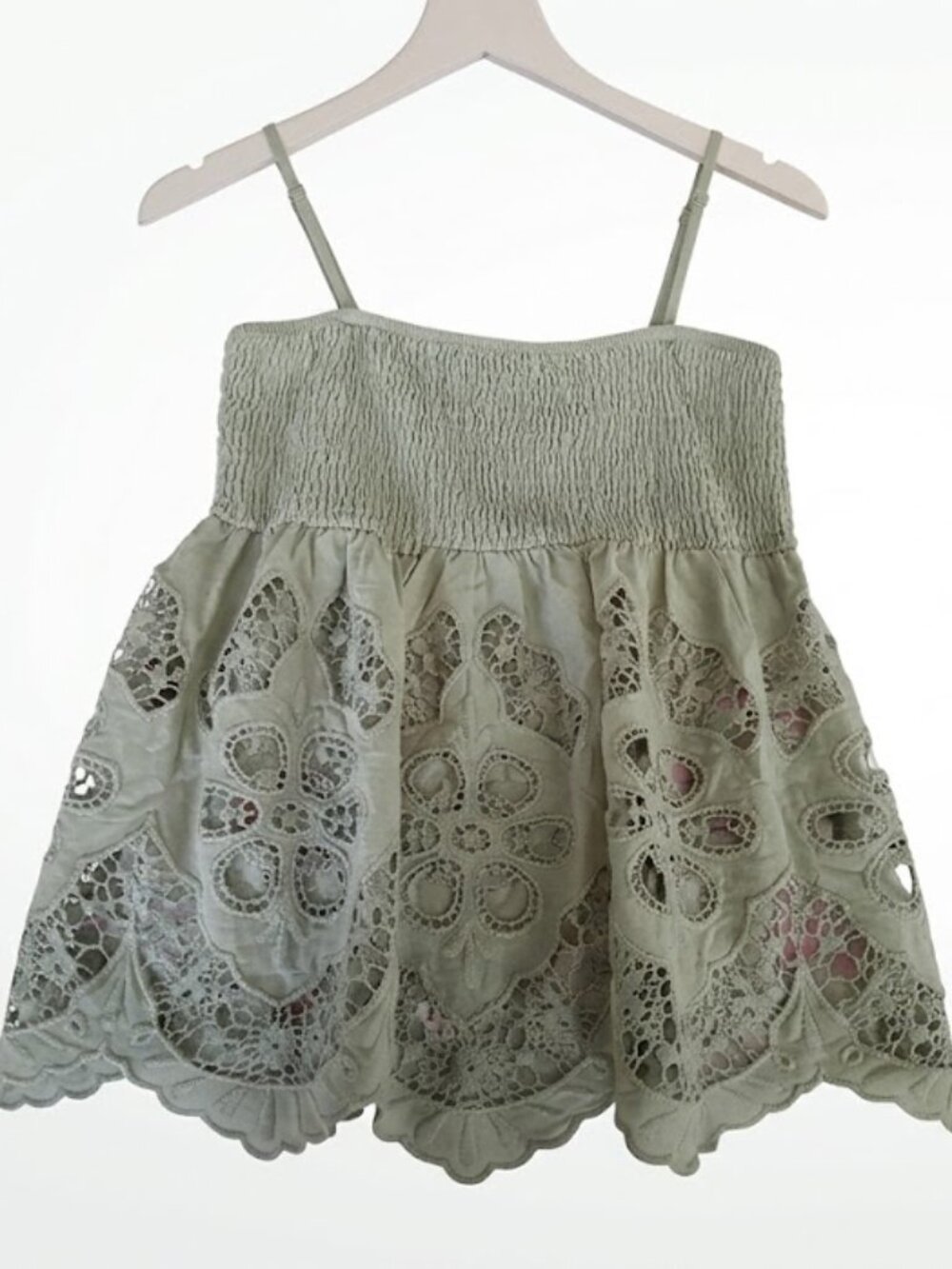NWT Smocked Lace Trim Tank Top in Sage Green Crop Bodice feminine summer flowy S